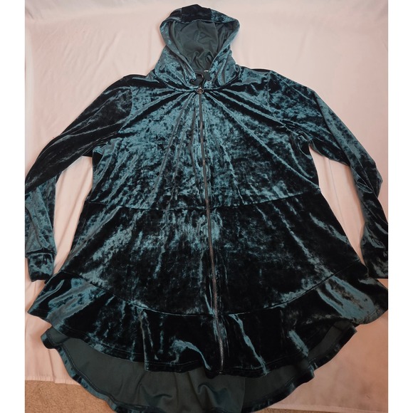 Isaac Mizrahi Live! Sweaters - Isaac Mizrahi Live Teal Crushed Velvet Peplum Hoodie Zip Cardigan Whimsigoth 1X